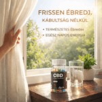 Egy kéz elhúzza a függönyt, hogy beengedje a napfényt. Az ablakpárkányon egy pohár víz és egy üveg "Mini CBD Izolátum & C vitaminos gumicukor - 300mg | 10db." feliratú üveg. A text természetes, felfrissült ébredést és egész napos energiát hirdet.