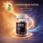 Egy tégely Mini CBD Izolátum & C vitaminos gumicukor - 300mg | 10db színes gumicukorral, izzó energiahullámokkal körülvéve. Magyar nyelvű szöveg kiemeli a CBD izolátumot és C-vitamint tartalmazó formula szinergikus és nyugtató előnyeit.