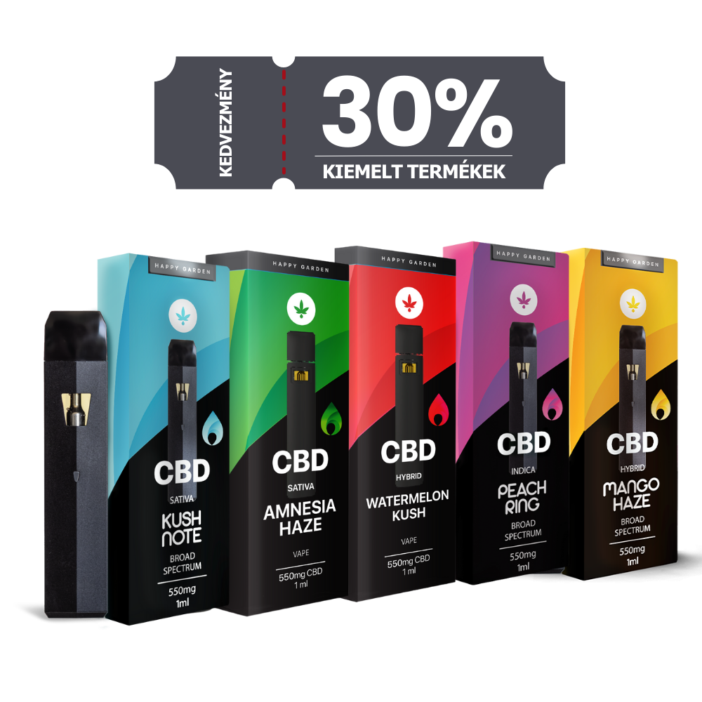 Öt színes, 5 x Csomagos Vape-ek doboz - mindegyikben más-más CBD vape-ízzel - sorakozik egy vape tollal. A felette lévő címkén a "30% KIEMELT TERMÉKEK KEDVEZMÉNY" felirat olvasható, kiemelve a 30%-os kedvezményt a teljes spektrumú kiemelt termékekből.