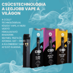 A "3 x Csomagos Vape-ek - Két íz, egy cél: gyors és diszkrét stresszoldás" három CBD Europe vape doboza áll függőlegesen kék absztrakt háttéren, magyar nyelvű szöveggel, amely a fejlett vape technológiát hangsúlyozza.