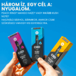 Három kéz tart 3 x Csomagos Vape-ek dobozt a kék égbolt előtt. A text kiemeli a gyors és diszkrét stresszoldás, a teljes spektrumú képletet és a finom ízek CBD Europe-tól.