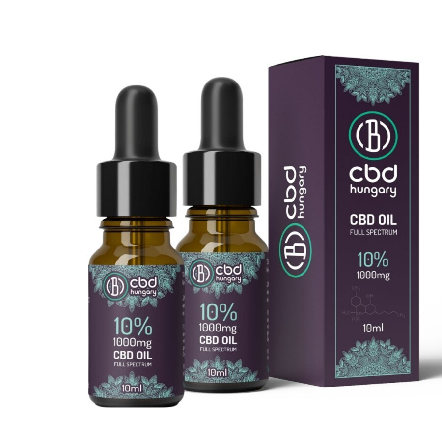 Két barna üvegcseppentős flakon és egy lila doboz "CBD Europe DUO Csomag 10% teljes spektrumú Kannabisz olaj (10ml-1000mg)" felirattal, zöld levélmintákkal emeli ki ezt a prémium wellness olajat.