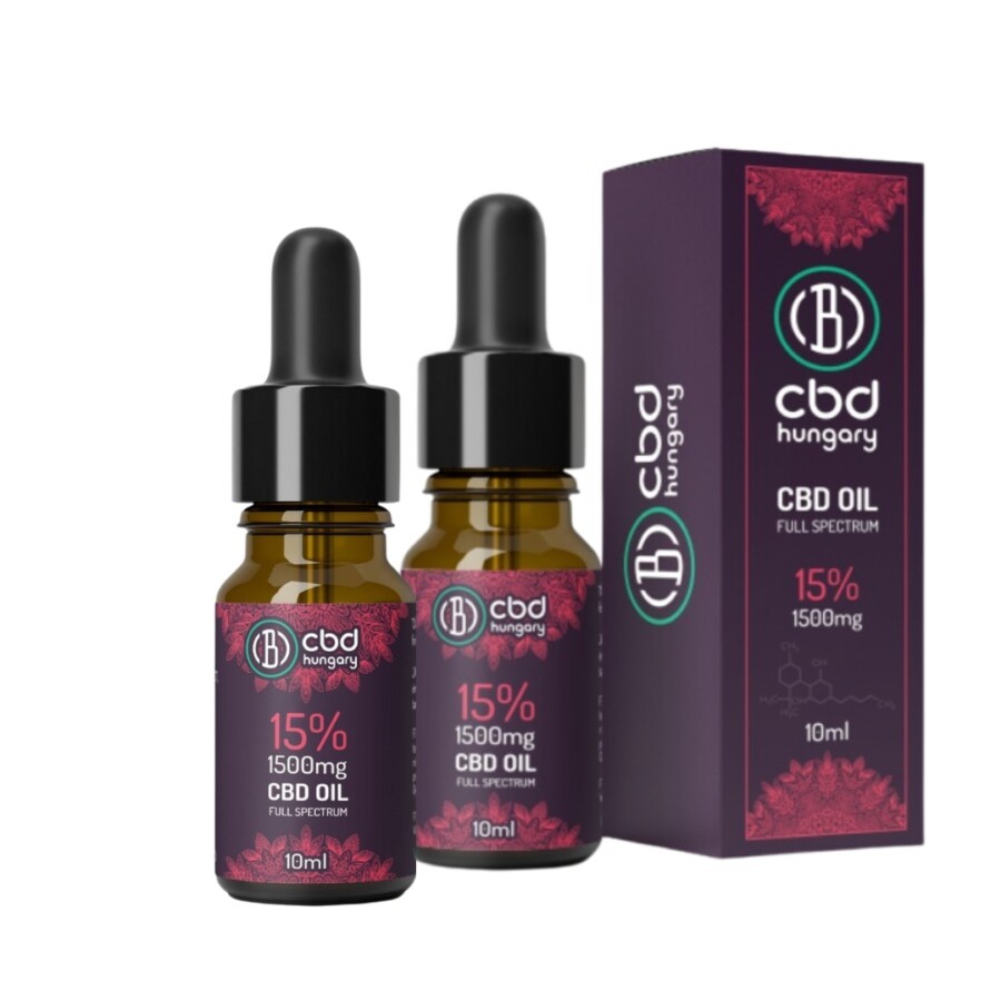 Két 10ml-es üveg CBD Europe DUO Csomag 15% Teljes Spektrumú Kannabisz Olaj (1500mg) látható egy lila és piros dizájnnal és márkajelzéssel ellátott, hozzá illő doboz mellett.