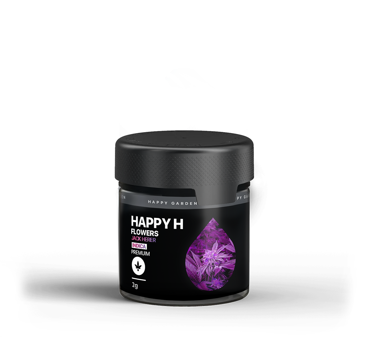 Egy fekete Happy H tégely lila cseppekkel, kannabisz grafikával és a címkén szereplő "Jack Herer | Premium CBDX Flower - Indica Premium 2 gr" felirattal fehér háttér előtt látható.