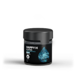 Egy fekete üveg "Happy H - Super Lemon Haze | Premium CBDX Flower - Hybrid Premium 2 gr" felirattal, kék kristályos mintával és fekete fedéllel egy sima fehér háttéren.