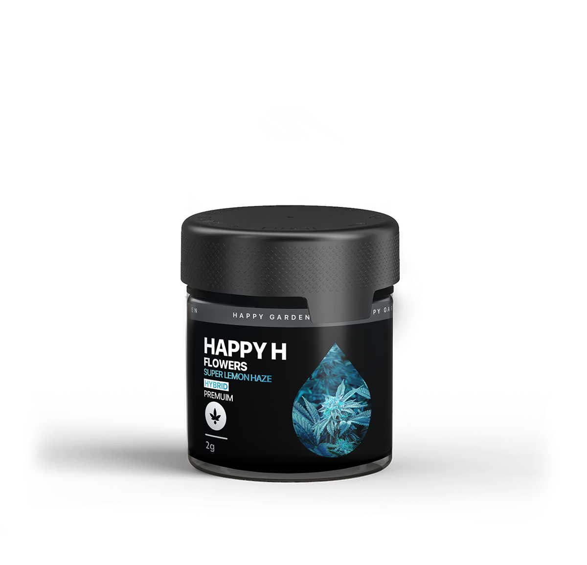 Egy fekete üveg "Happy H - Super Lemon Haze | Premium CBDX Flower - Hybrid Premium 2 gr" felirattal, kék kristályos mintával és fekete fedéllel egy sima fehér háttéren.