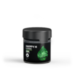 Happy H - White Widow | Premium CBDX Flower - Sativa 2 gr" feliratú, fekete fedelű, kis fekete tégely, amelyen egy zöld kannabiszlevél látható egy modern, fehér címkekialakításon, és amely 2 gramm terméket tartalmaz.