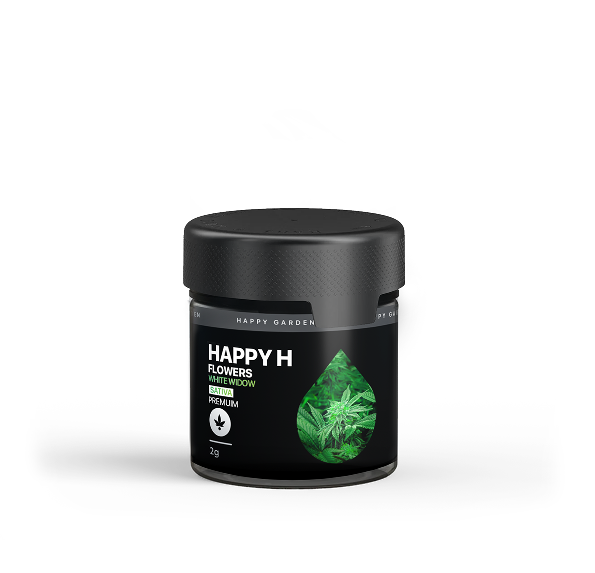 Happy H - White Widow | Premium CBDX Flower - Sativa 2 gr" feliratú, fekete fedelű, kis fekete tégely, amelyen egy zöld kannabiszlevél látható egy modern, fehér címkekialakításon, és amely 2 gramm terméket tartalmaz.