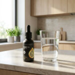 Egy üveg CBD Olaj Izolátum (Pure) 30% - 3000 mg | 10 ml Happy Garden cseppentővel egy pohár víz mellett ül a konyhapulton, a napfény beáramlik, a háttérben zöld növények.