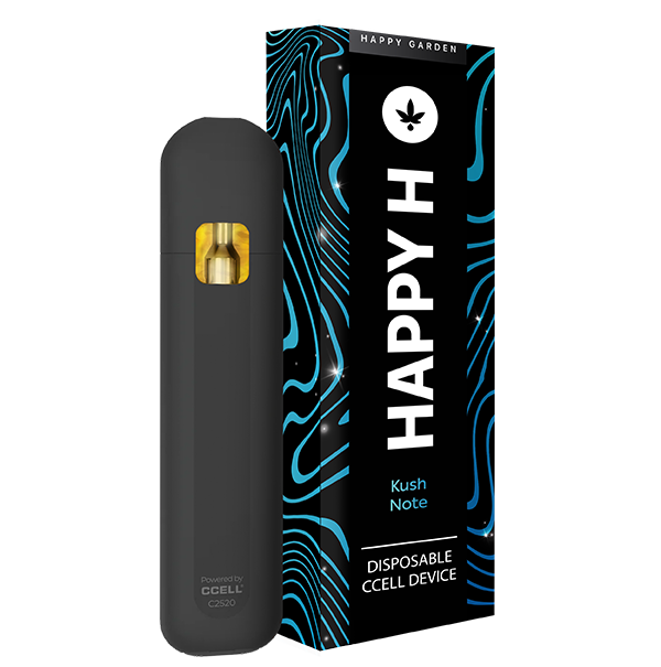 Egy fekete eldobható vape "Happy H - Kush Note | CBDX Premium Vape - Hybrid 1 ml" feliratú, fekete, kék hullámos vonalakkal, fehér szöveggel és egy kör alakú levél logóval a tetején.