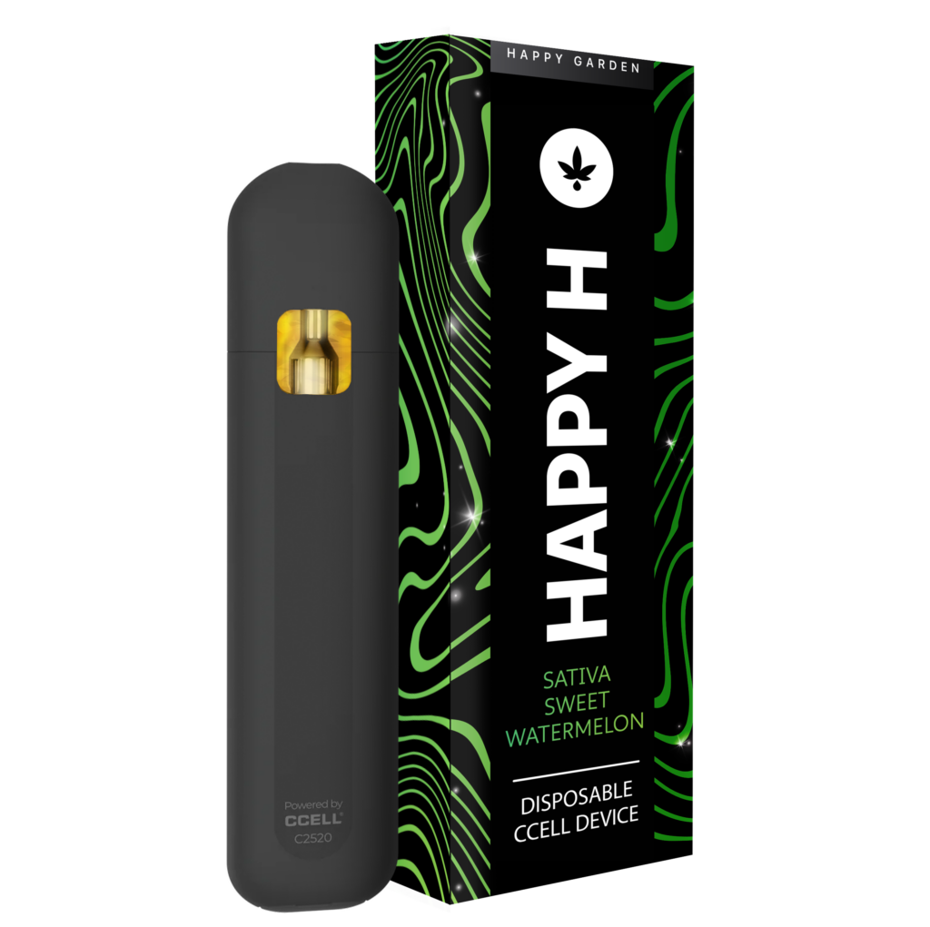 Egy fekete eldobható vape készülék áll a fekete-zöld doboza mellett, amelyen a "Happy H Sweet Watermelon | CBDX Premium Vape - Sativa 1 ml" felirat szerepel, hullámos vonalakkal és egy kis kannabiszlevél ikonjával.