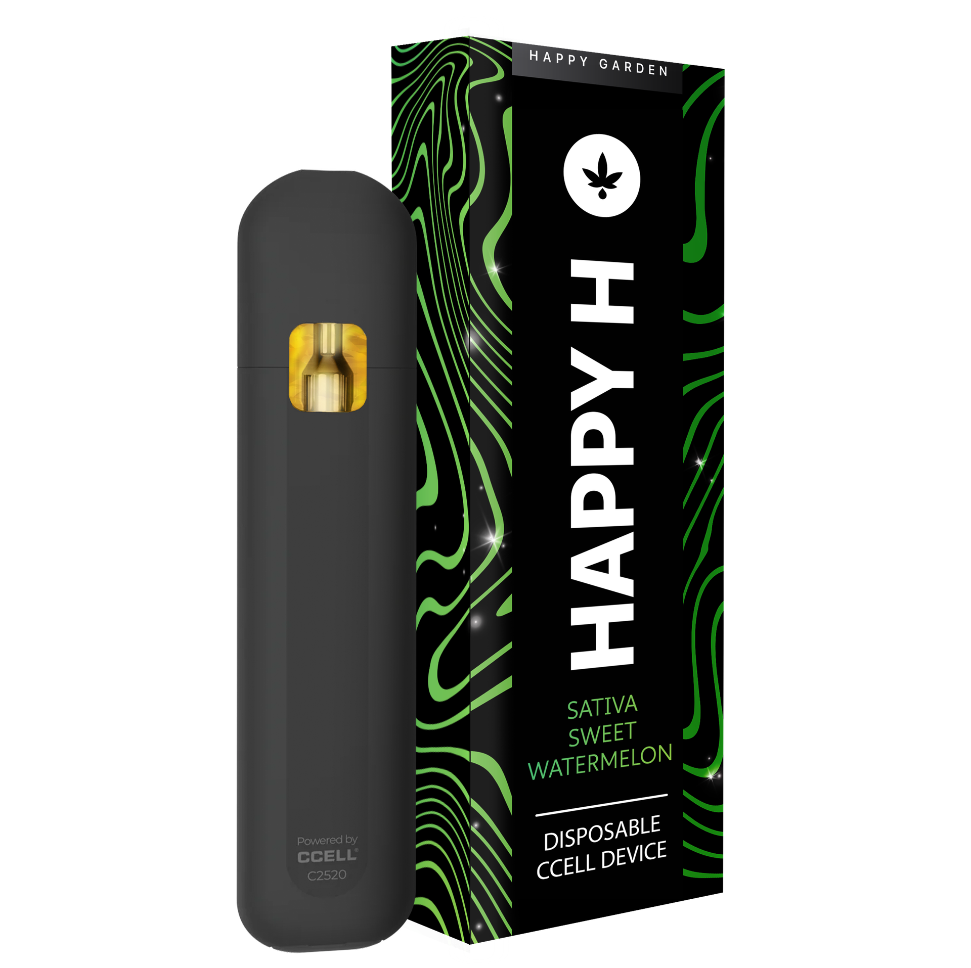 Egy fekete eldobható vape készülék áll a fekete-zöld doboza mellett, amelyen a "Happy H Sweet Watermelon | CBDX Premium Vape - Sativa 1 ml" felirat szerepel, hullámos vonalakkal és egy kis kannabiszlevél ikonjával.