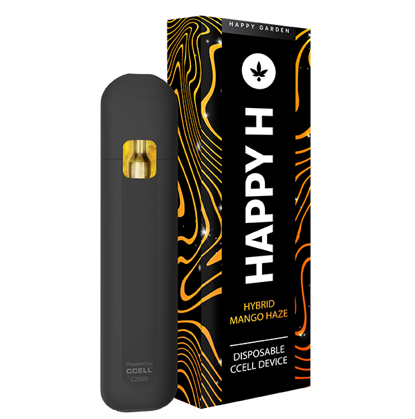 Egy fekete, "Happy H - Mango Haze | CBDX Premium Vape - Hybrid 1 ml" feliratú eldobható vape látható a doboza mellett, amely narancssárga és sárga hullámos vonalakkal van ellátva, és amelyen a termék neve és az "Eldobható CCELL KÉSZÜLÉK" felirat szerepel.