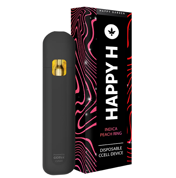 Egy fekete eldobható vape áll a rózsaszín örvényekkel díszített fekete doboza mellett. A dobozon ez áll: "Happy H - Peach Ring | CBDX Premium Vape - Indica 1 ml eldobható CCELL készülék.