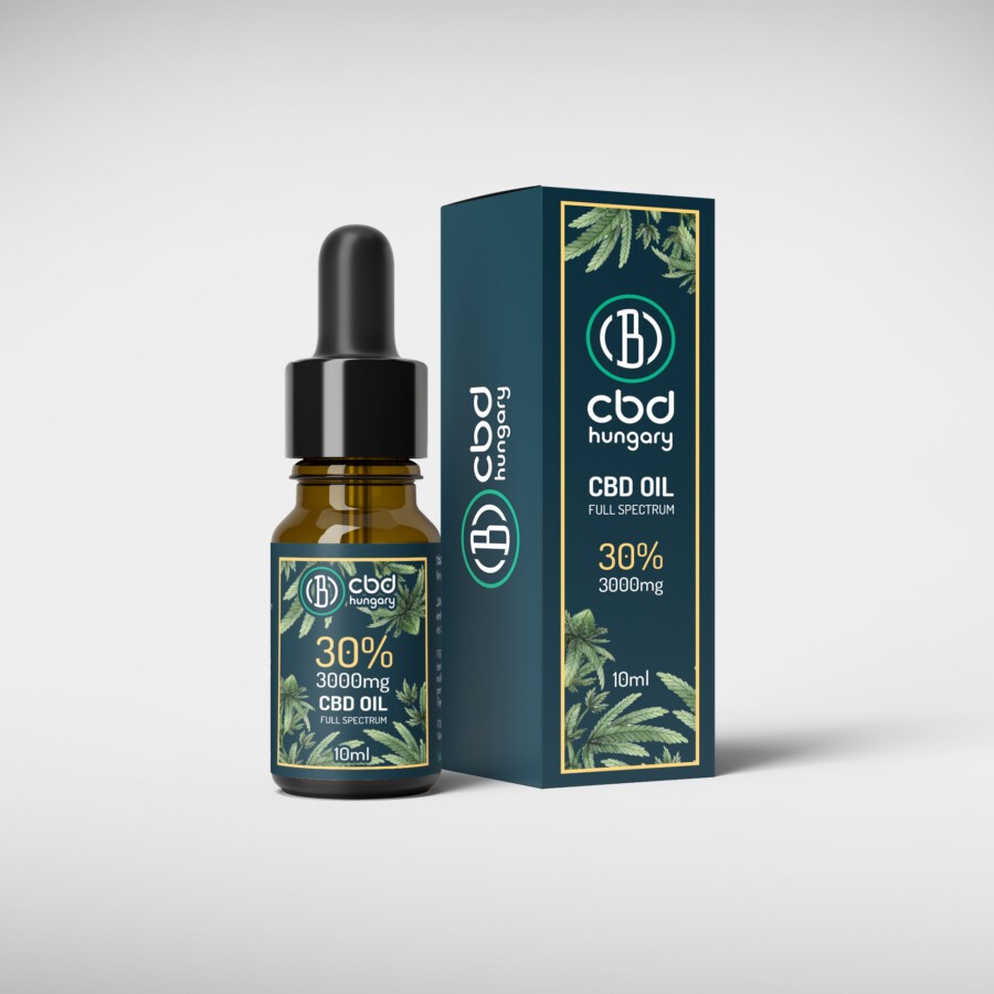 Egy 10ml-es barna üveg cseppentő "CBD Europe 30% Teljes spektrumú CBD Olaj (10ml-3000mg) kender olajjal társítva" feliratú, kék-zöld doboza mellett áll a kenderlevél mintákkal, cbd Europe logóval és a kényelmes CBD olaj rendelésről szóló információkkal.