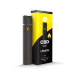 Fekete vape pen a dobozával, CBD Vape - Lemon ízű párologtató, 550mg, 1ml felirattal, sárga és fekete dizájnnal, levél ikonnal. Elérhető a CBD Europe-nél.