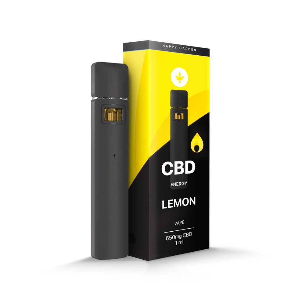Fekete vape pen a dobozával, CBD Vape - Lemon ízű párologtató, 550mg, 1ml felirattal, sárga és fekete dizájnnal, levél ikonnal. Elérhető a CBD Europe-nél.