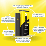 Fekete CBD Vape - Lemon ízű párologtató (550mg, 1ml) sárga dobozban, kb. 400 puff, gyors hatású, THC-mentes teljes spektrumú CBD olajjal. Nincs szükség töltésre - CBD Europe csúcsminőségű, napi használatra alkalmas készülék textgel körülvéve.