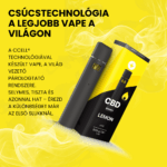 A CBD Vape - Lemon ízű párologtató (550mg, 1ml) fekete tollával és prémium, teljes spektrumú CBD olajjal sárga-fekete dobozban jelenik meg sárga háttéren. Felül: "CSÚCSTECHNOLÓGIA A LEGJOBB VAPE A VILÁGON". Balra előnyök.