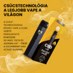 A Mango Haze ízű CBD Vape (550mg, 1ml) fekete készülékkel és sárga-fekete dobozban, sárga háttéren látható. Bal oldalt text részletezi a technológiát és élményt, kiemelve a CBD Europe minőséget.