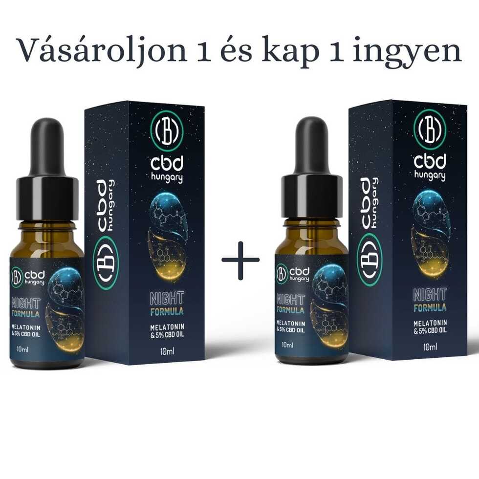 Két üveg és doboz Éjszakai Formula 5% CBD Olaj + 60mg Melatoninnal, 0% THC, 10ml látható. Felül magyar nyelvű szöveg: Vásároljon 1 és kap 1 ingyen-Buy 1, get 1 free. A legnépszerűbb CBD olaj rendelés akció!.