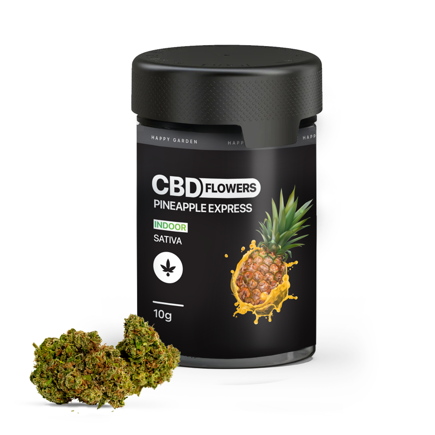 A prémium Pineapple Express - CBD virágok 10g | Sativa, fekete tégelyben, ananász grafikával és mellette zöld szárított CBD virágok-ideális választás a minőséget kereső CBD Europe rajongóknak.