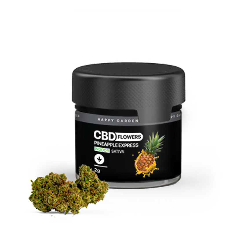 Egy kis fekete tégely, rajta a Pineapple Express - CBD virágok 2g | Sativa felirattal, ananász képpel, zöld kannabisz rügyek mellett, fehér háttéren - kiemelve a CBD Europe prémium minőségét.
