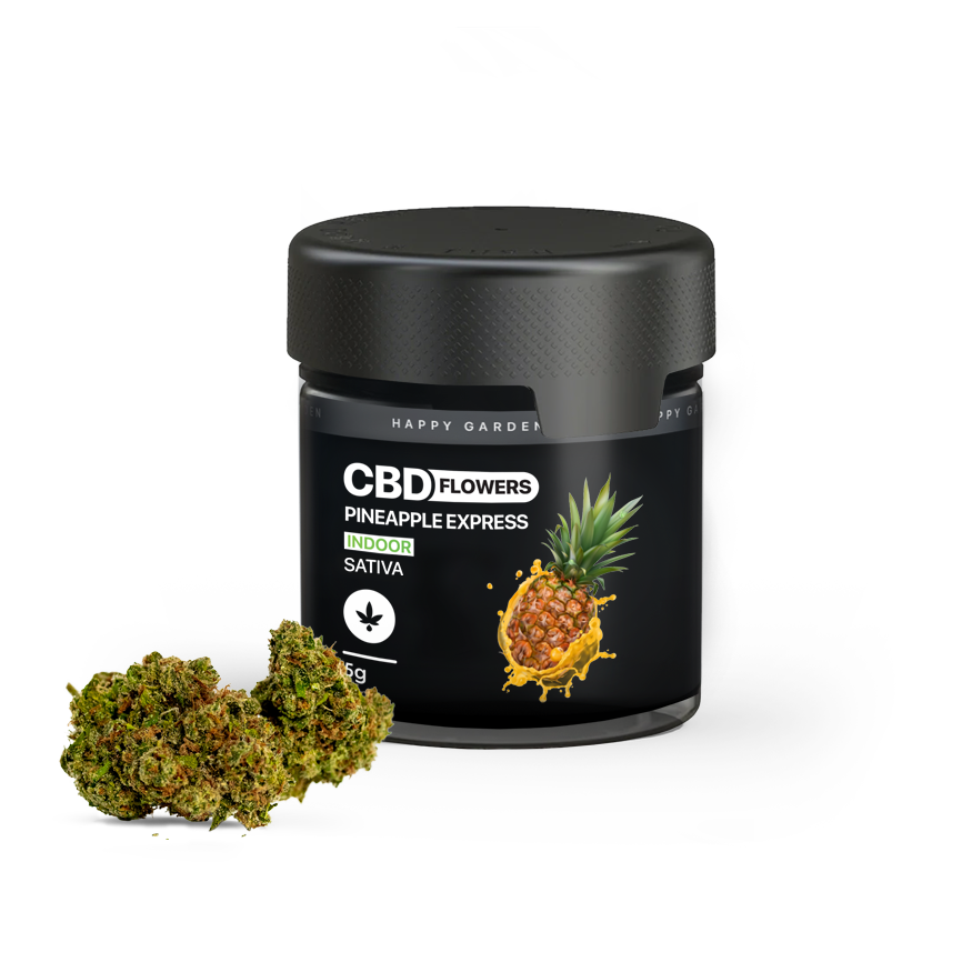 A "Pineapple Express - CBD virágok 5g | Sativa" feliratú fekete tégely, ananász képpel, zöld, szárított prémium cannabis bimbók mellett ül fehér alapon - kiemelkedő teljes spektrumú CBD Europe minőségben.