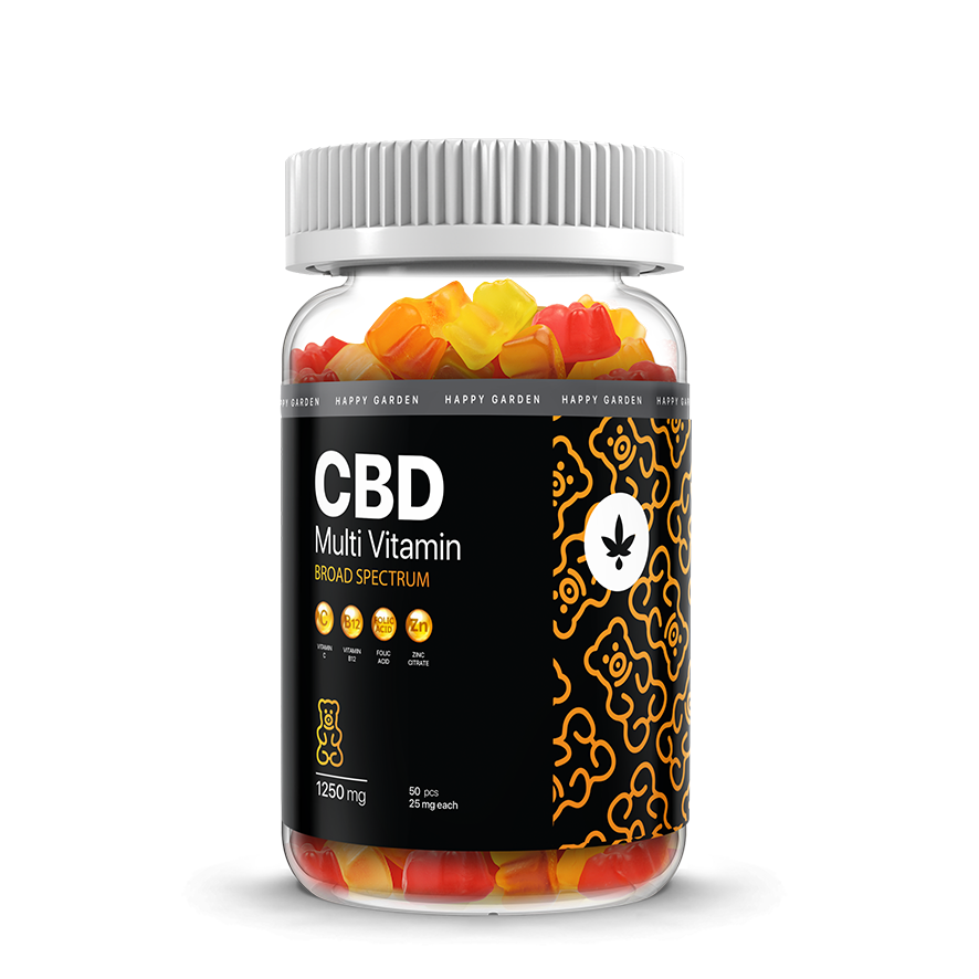 A fehér fedelű, átlátszó üveg 50 színes CBD gumicukrot (széles spektrumú, multivitaminos gumicukor) tartalmaz, összesen 1250 mg-ot. A fekete címkén a "Prémium" felirat olvasható, az adagolás, a vitamin ikonok és a sárga medvés minta látható.