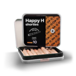 A Happy H Shorties - Pineapple Express | CBDX Enriched Pre-Rolls - 10db nyitott dobozában 10 szépen kibélelt, előre sodort joint látható. A csomagoláson ananászos dizájn látható, és a törzs neve Pineapple Express Sativa.
