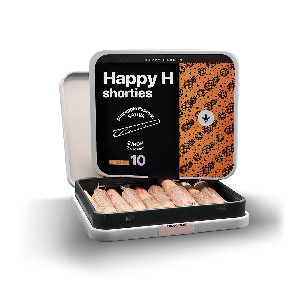 A Happy H Shorties - Pineapple Express | CBDX Enriched Pre-Rolls - 10db nyitott dobozában 10 szépen kibélelt, előre sodort joint látható. A csomagoláson ananászos dizájn látható, és a törzs neve Pineapple Express Sativa.
