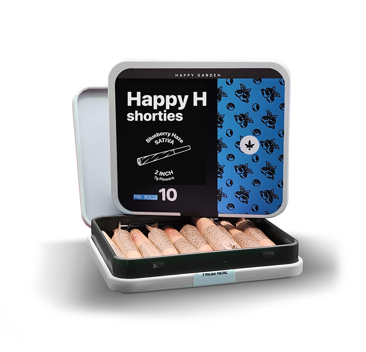 A kék pillangóval díszített, "Happy H Shorties - Blueberry Haze | CBDX Enriched Pre-Rolls - 10db" feliratú dobozban tíz szépen elrendezett sativa pre-roll található.