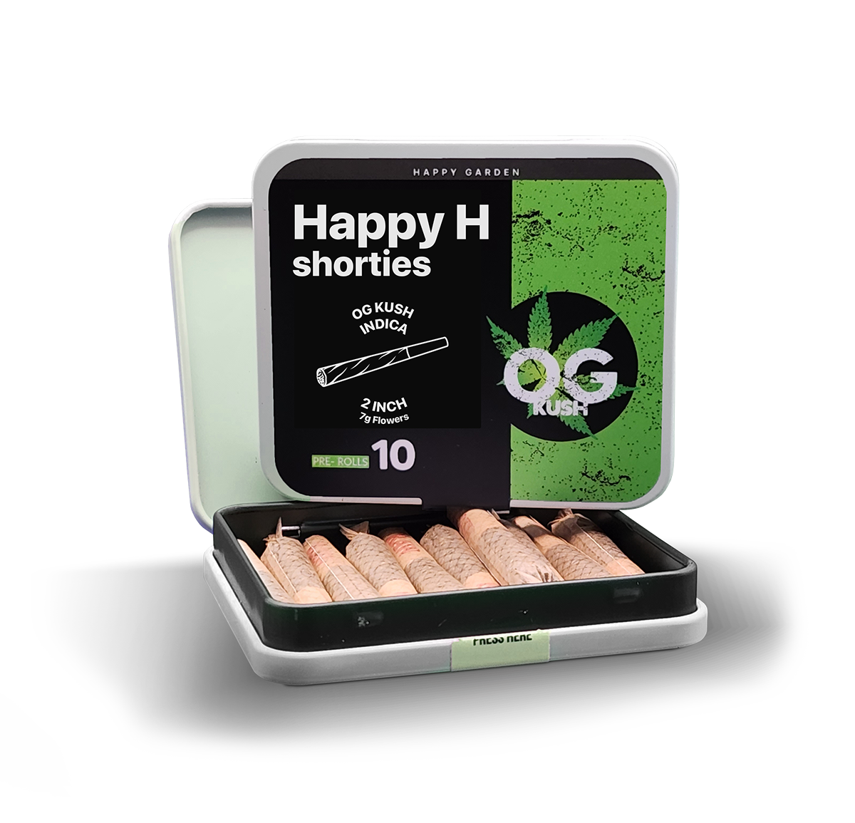 A "Happy H Shorties - OG Kush | CBDX Enriched Pre-Rolls - 10db" feliratú négyzet alakú fekete-zöld konzervdoboz részben nyitva van, benne tíz előre sodort joint látható.