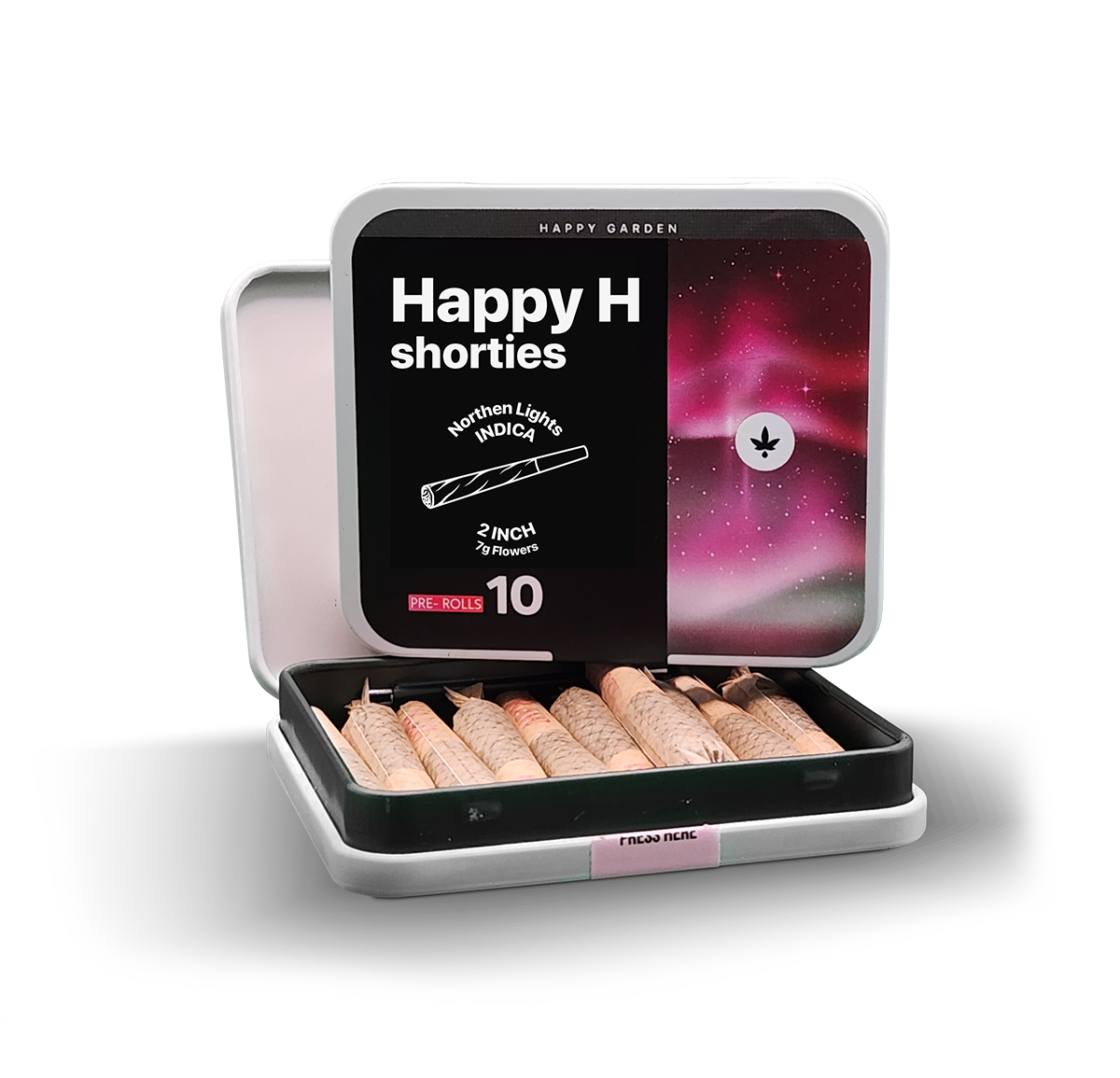 A "Happy H Shorties - Northern Lights | CBDX Enriched Pre-Rolls - 10db" feliratú fémdoboz részben nyitott, és tíz előre sodort joint látható benne, a csomagolás rózsaszín-lila köddel díszített.