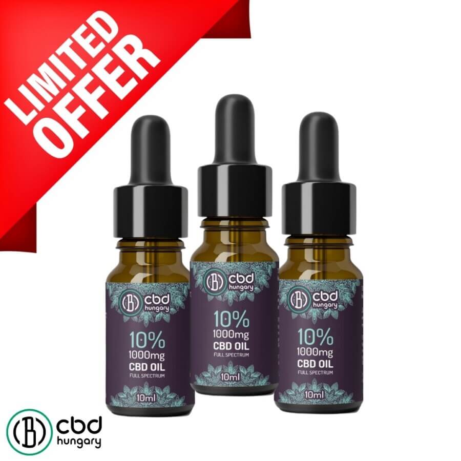 Három CBD Europe Trio Csomag 10% Teljes Spektrumú CBD olaj (10ml-1000mg) üveg áll felfelé. A bal felső sarokban piros "LIMITED OFFER" banner, a bal alsó sarokban a CBD Europe logó látható.
