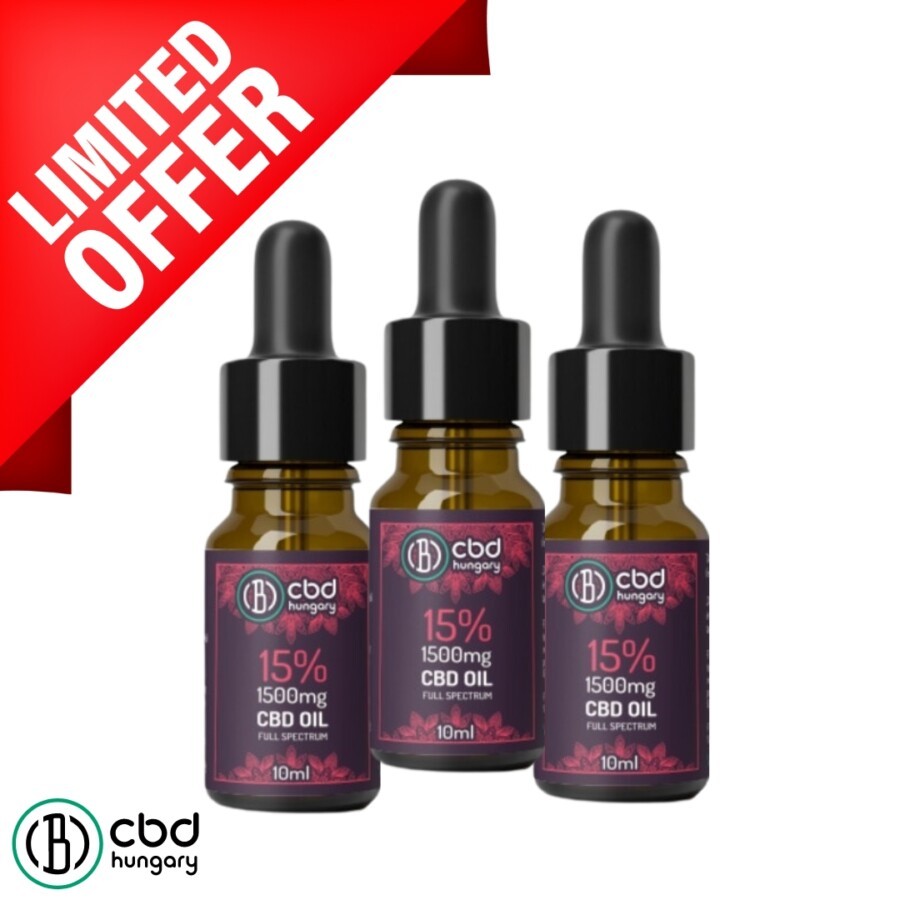 Három borostyánszínű cseppentős üveg CBD Europe Trio Csomag 15% Teljes Spektrumú CBD Olaj (10ml-1500mg) feliratú, piros LIMITED OFFER banner alatt látható, a bal alsó sarokban a CBD Europe cbd logóval.