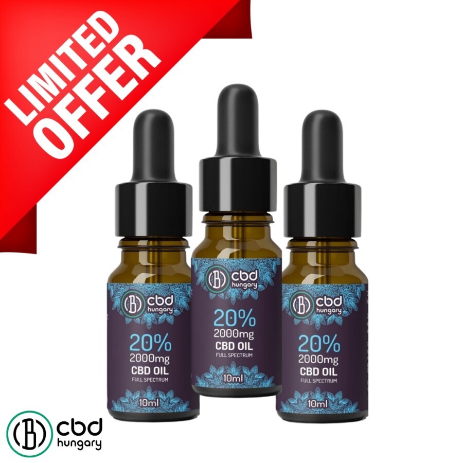 Három barna cseppentős üveg "CBD Europe Trio Csomag 20% Teljes Spektrumú CBD olaj (10ml-2000mg)" felirattal együtt áll. Egy piros "LIMITED OFFER" feliratú banner emeli ki ezt a prémium terméket. A CBD Europe logó a bal alsó sarokban jelenik meg.