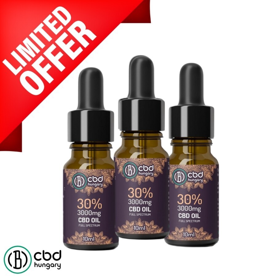 Három barna cseppentős üveg CBD Europe Trio Csomag 30% Teljes Spektrumú CBD olaj (10ml-3000mg) felirattal egymás mellett látható. Balra fent egy piros "LIMITED OFFER" banner jelenik meg, balra lent pedig a cbd Europe logó.