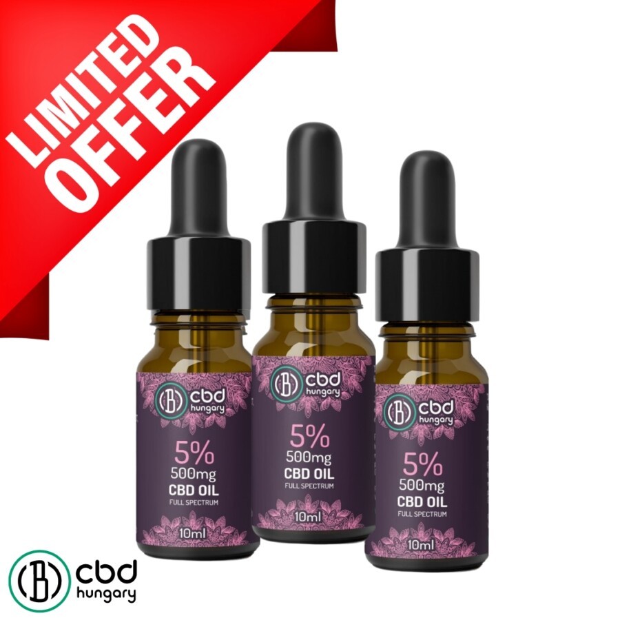 Három üveg CBD Europe Trio Csomag 5% Teljes Spektrumú CBD olaj (10ml-500mg) látható, kiemelve a prémium formulát. Balra fent egy piros Korlátozott Ajánlat banner, balra lent pedig a CBD Europe logó látható.