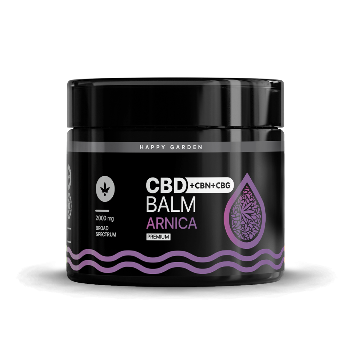 A "CBD, CBG és CBN tartalmú árnika balzsam izmokra és ízületekre | 2000mg | 59ml" feliratú fekete tégely lila színű, dekoratív cseppekkel és hullámos vonalakkal díszített, fehér alapon a széles spektrumú formulát kiemelve.