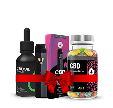 Válogatott CBD-termékek, köztük egy tinktúrás üveg, két dobozos vape toll és egy üveg CBD gumicukor, mindegyiket egy piros szalaggal körbefogva.
