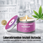 A CBD Premium Masszázs Gyertya - Vanília és szantálfa - 100mg CBD 100 ml nyitott doboza márvány felületen ég, a háttérben kannabiszlevél, tanúsítvány és Lab Tested jelvény. Alul magyar nyelvű szöveg jelenik meg.