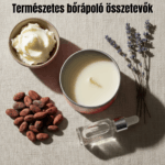 CBD Premium Masszázs Gyertya - Vanília és szantálfa (100mg CBD, 100ml), sheavajjal, egy doboz krémmel, kakaóbabbal, cseppentős üveggel és levendulával ellátott lapos fekvésű, bézs színű anyagon. "Természetes bőrápoló összetevők." magyarul a tetején.
