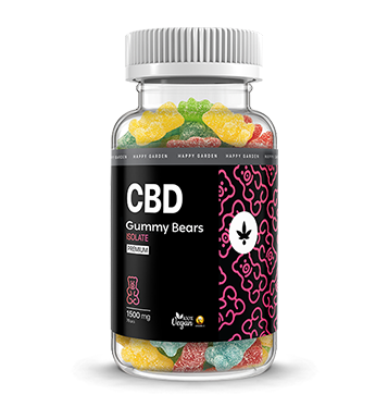 Egy átlátszó műanyag tégely, tele színes gumimacikkal, CBD Gummy Bears felirattal. A fekete címkén CBD, 1500 mg, egy levél logó és dekoratív rózsaszín minták láthatók az üveg egyik oldalán.