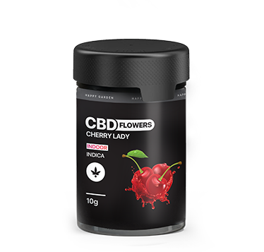 Egy fekete tégely, CBD Flowers Cherry Lady feliratú, színes cseresznye képpel az elején. A címkén az is olvasható, hogy Indoor Indica, egy kannabiszlevél ikon látható, és 10 g súlyt jelez.