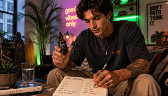 Egy tetovált fiatalember ül egy kanapén, kezében egy üveg CBD-olajjal, és egy CBD Journal feliratú naplóba ír. A szobában növények, neonfeliratok és hangulatos, nyugodt légkör uralkodik.