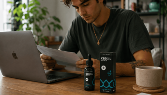 Egy személy egy faasztalnál ül egy laptop mellett, és egy dokumentumot olvas. Előtte egy csésze, egy üveg és egy doboz van, amelyen a "CBD OIL PREMIUM" felirat áll. A környezet egy hangulatos, jól megvilágított otthonnak tűnik.