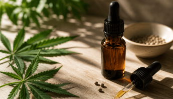 A CBD-olaj borostyánszínű cseppentős üvegek egy fafelületen ülnek egy kannabiszlevél, egy kis tál magok és laza magvak mellett, a napfény lágy árnyékot vet.