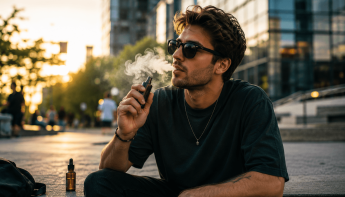 Egy napszemüveges fiatalember ül a szabadban egy városi utcán, és e-cigarettából fújja ki a gőzt. Rövid barna haja és alkalmi ruházata van. Mellette a földön egy üveg e-folyadék van elhelyezve.