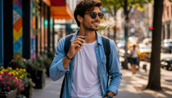 Egy napszemüveget, fehér pólót és farmeringet viselő fiatalember áll egy városi járdán, mosolyogva, miközben kezében egy vape van. A háttérben színes kirakatok, virágok és autók láthatók.